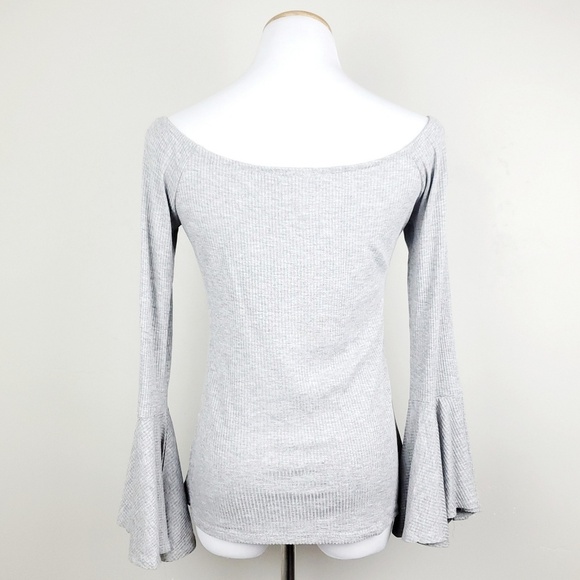 Bar III Ribbed Off The Shoulder Bell Sleeve Top - Picture 3 of 4